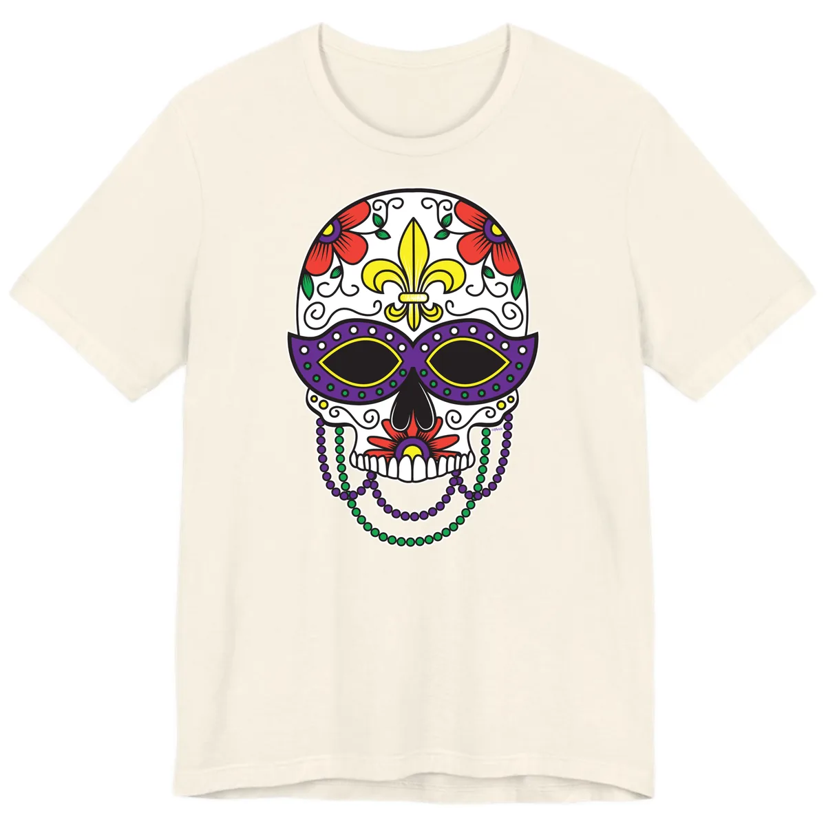 Mardi Gras Calavera Mask with Fleur-de-Lis and Beads Premium T-Shirt in Natural