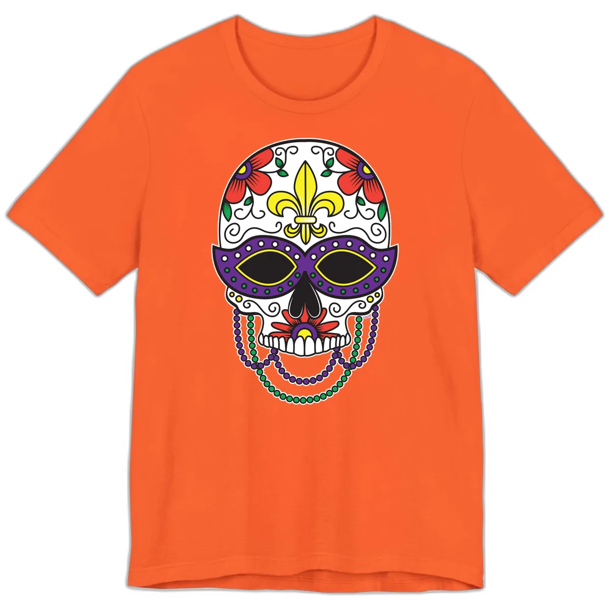 Mardi Gras Calavera Mask with Fleur-de-Lis and Beads Premium T-Shirt in Orange