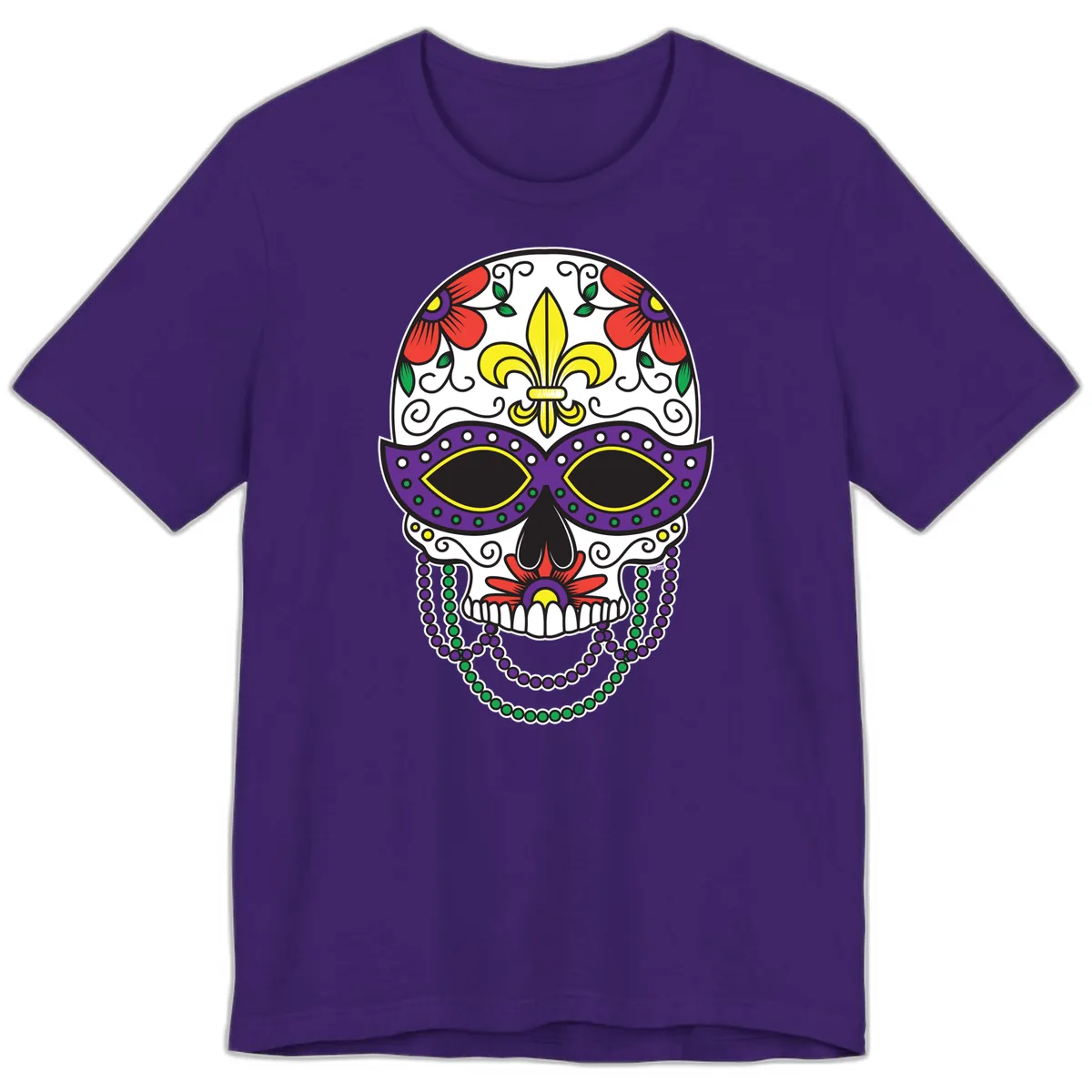 Mardi Gras Calavera Mask with Fleur-de-Lis and Beads Premium T-Shirt in Team Purple