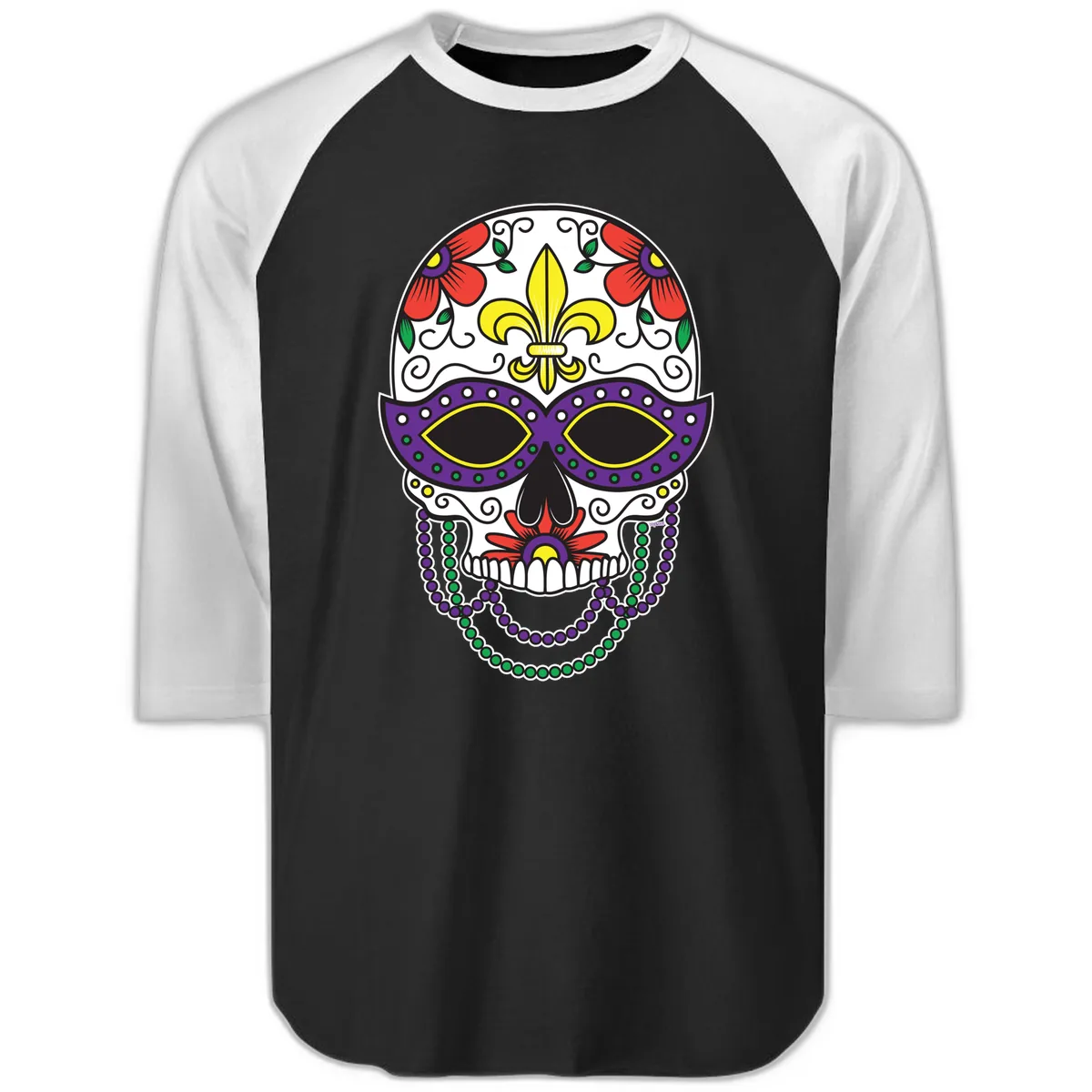 Mardi Gras Calavera Mask with Fleur-de-Lis and Beads Raglan 3/4 in Black White