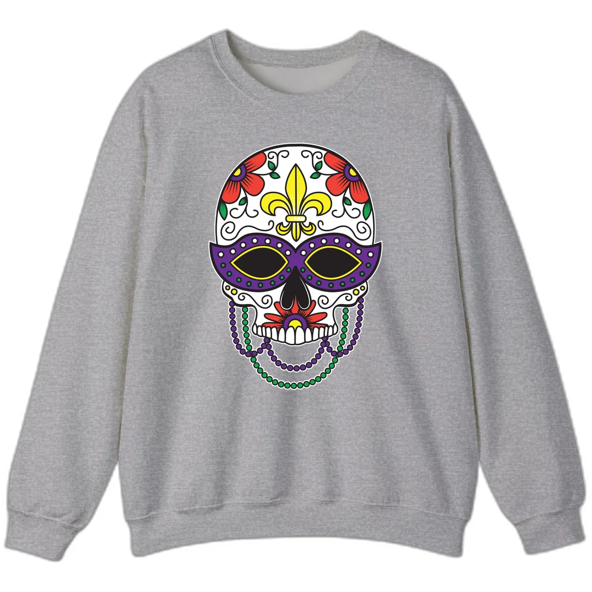 Mardi Gras Calavera Mask with Fleur-de-Lis and Beads Sweatshirt in Sport Grey