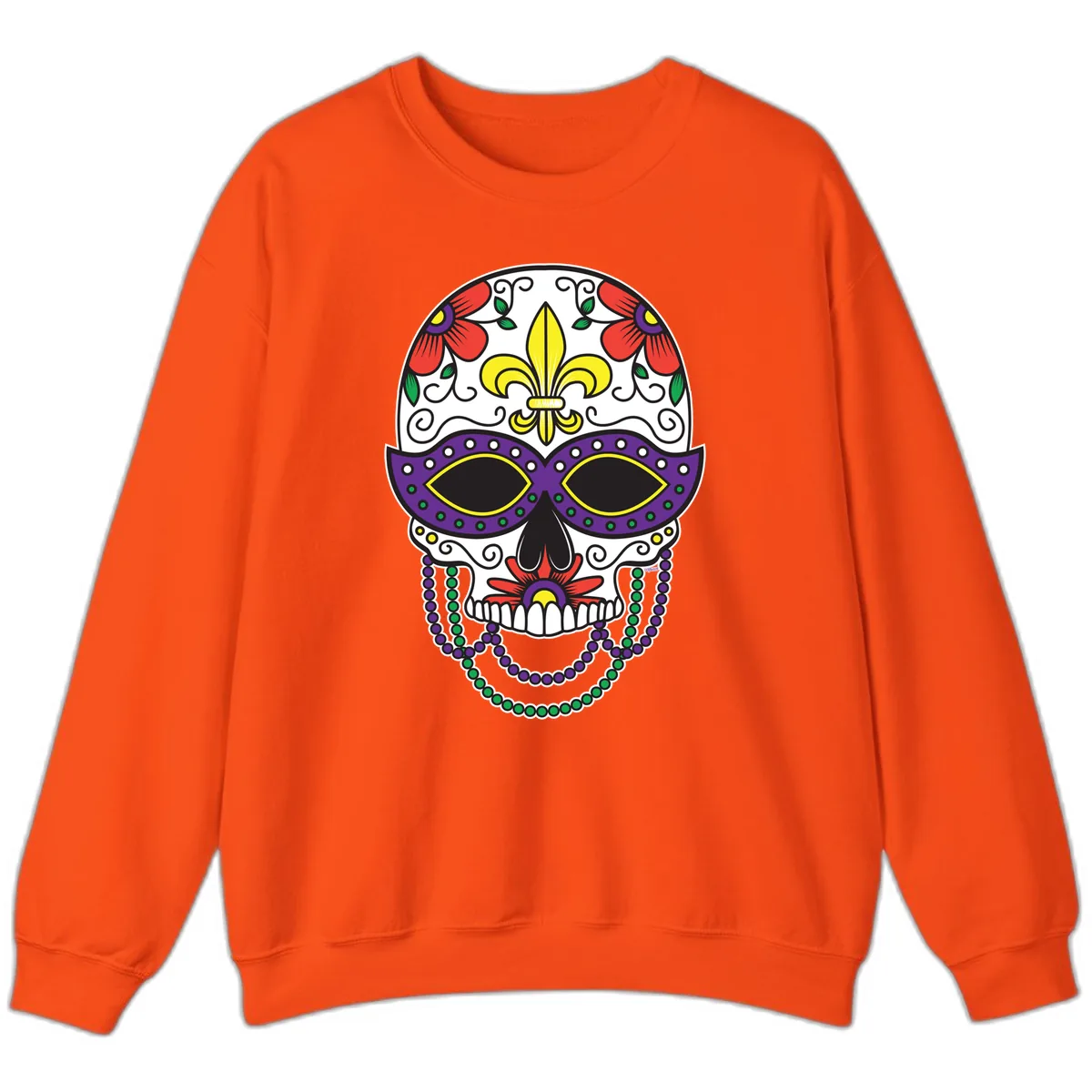 Mardi Gras Calavera Mask with Fleur-de-Lis and Beads Sweatshirt in Orange
