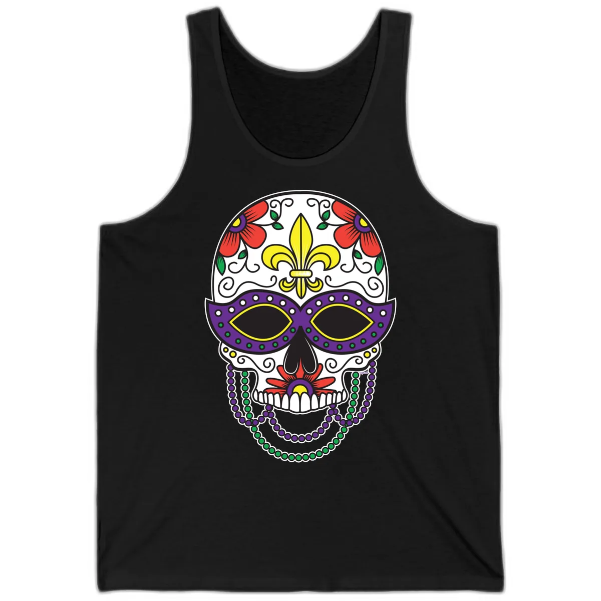 Mardi Gras Calavera Mask with Fleur-de-Lis and Beads Tank in Black