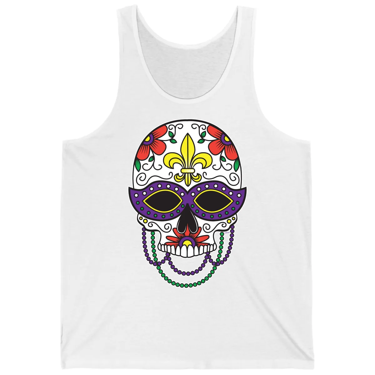 Mardi Gras Calavera Mask with Fleur-de-Lis and Beads Tank in White