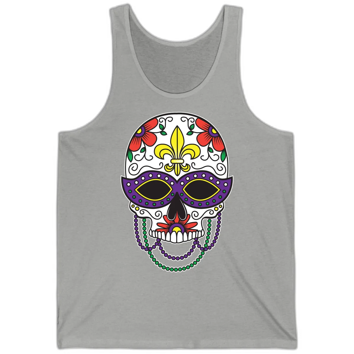 Mardi Gras Calavera Mask with Fleur-de-Lis and Beads Tank in Athletic Heather