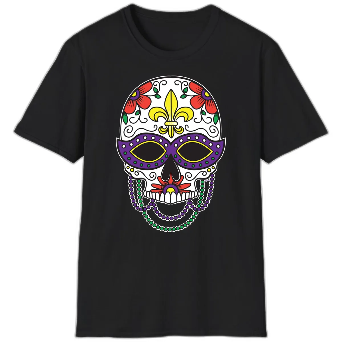 Mardi Gras Calavera Mask with Fleur-de-Lis and Beads T-Shirt in Black