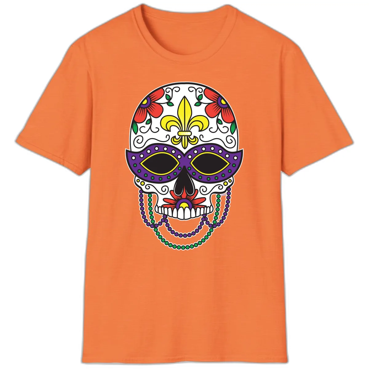 Mardi Gras Calavera Mask with Fleur-de-Lis and Beads T-Shirt in Heather Orange