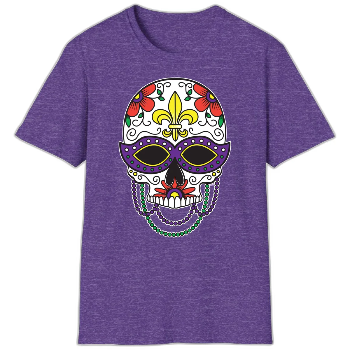 Mardi Gras Calavera Mask with Fleur-de-Lis and Beads T-Shirt in Heather Purple