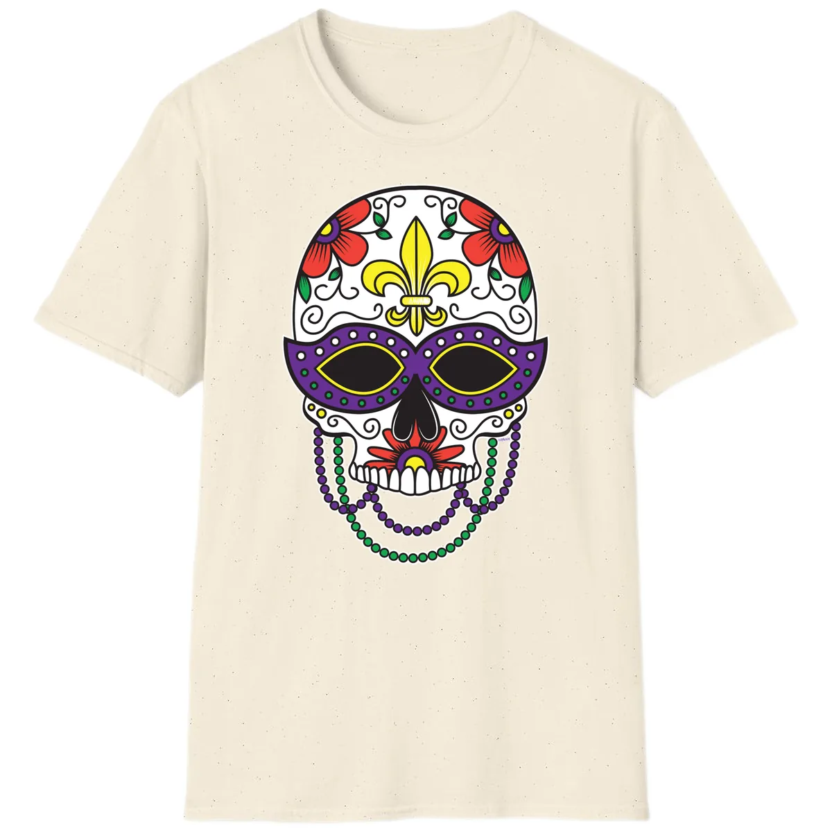 Mardi Gras Calavera Mask with Fleur-de-Lis and Beads T-Shirt in Natural