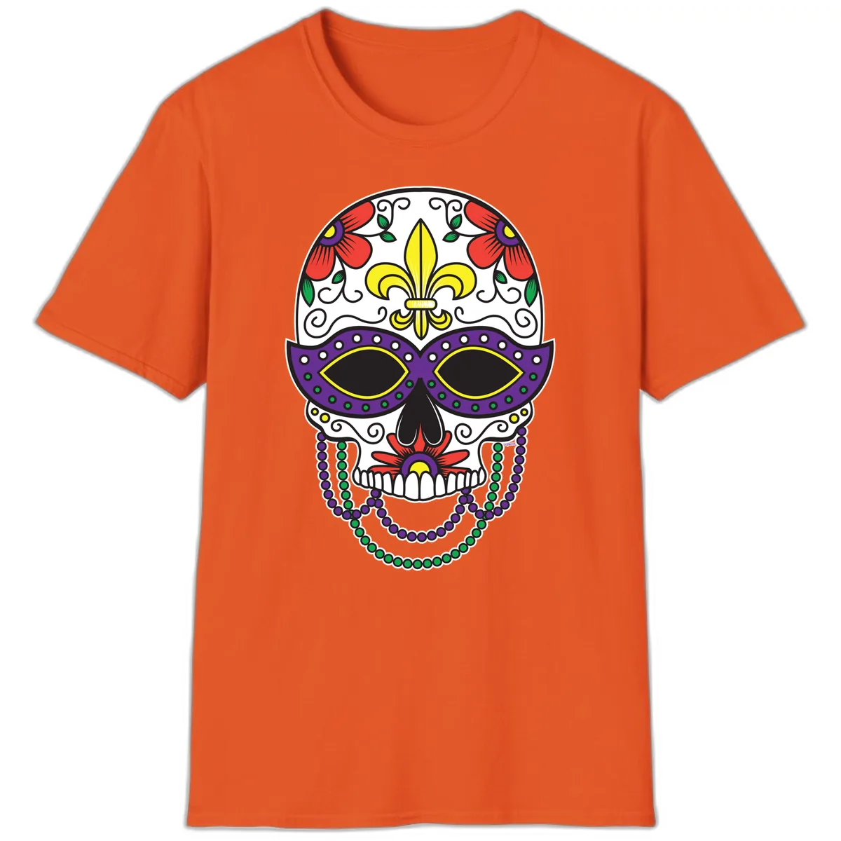 Mardi Gras Calavera Mask with Fleur-de-Lis and Beads T-Shirt in Orange
