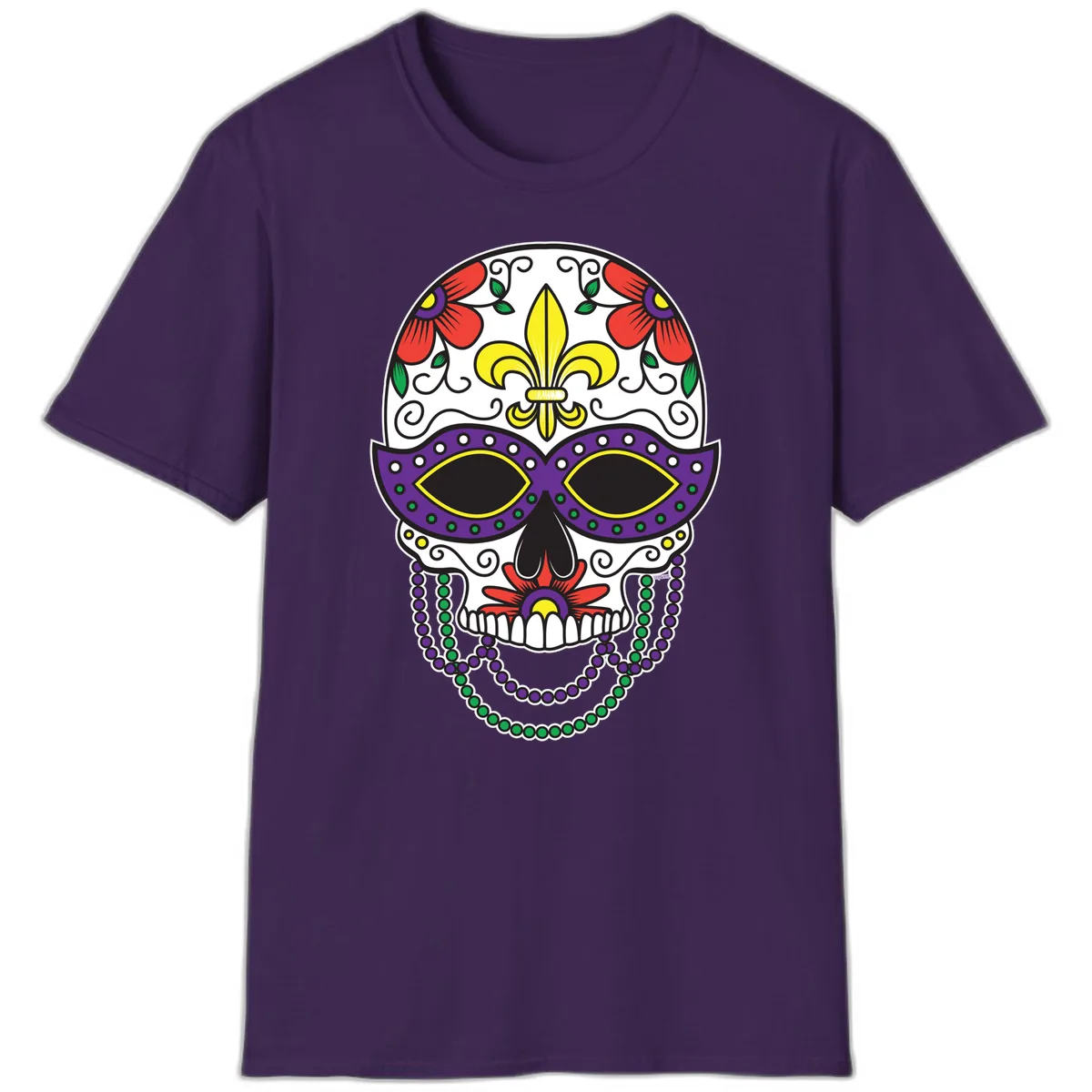 Mardi Gras Calavera Mask with Fleur-de-Lis and Beads T-Shirt in Purple