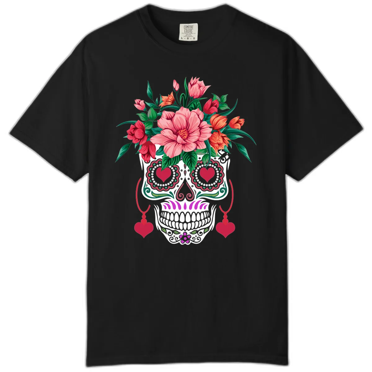 Floral Sugar Skull with Heart Eyes Comfort Color in Black