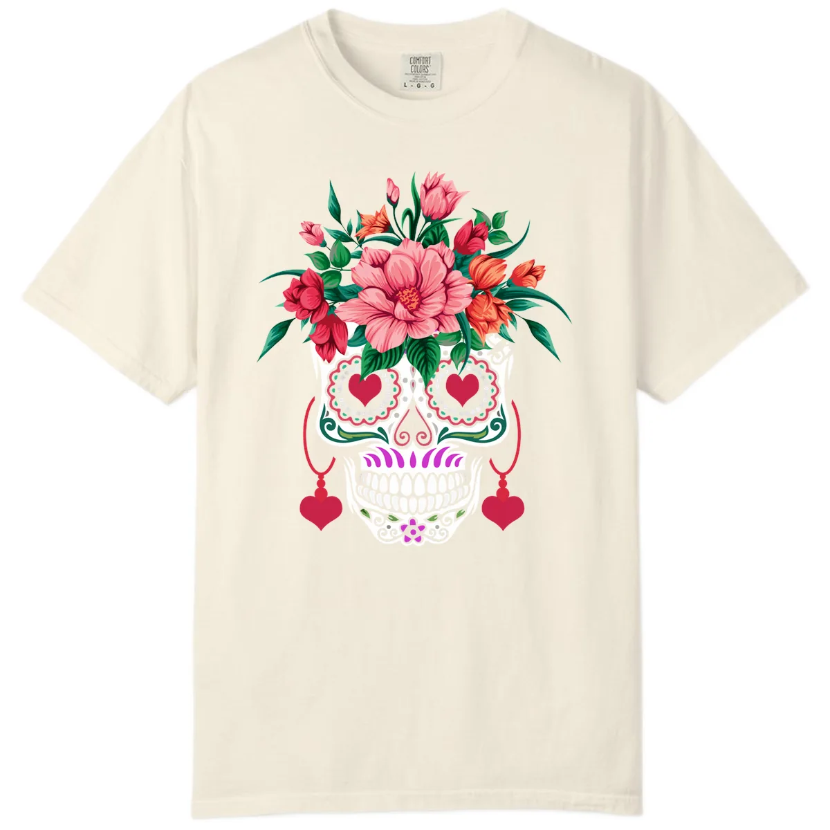 Floral Sugar Skull with Heart Eyes Comfort Color in Ivory