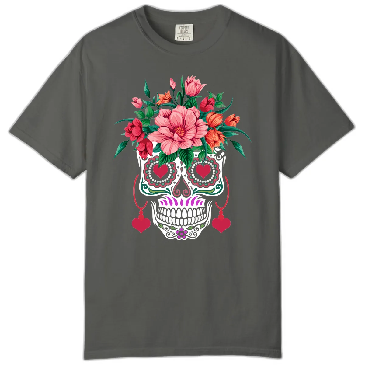 Floral Sugar Skull with Heart Eyes Comfort Color in Pepper