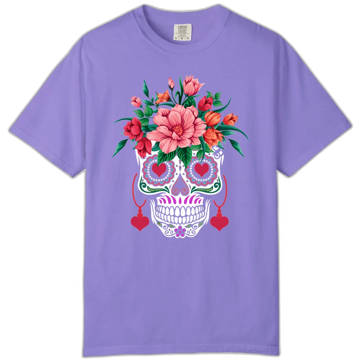 Floral Sugar Skull with Heart Eyes Comfort Color in Violet