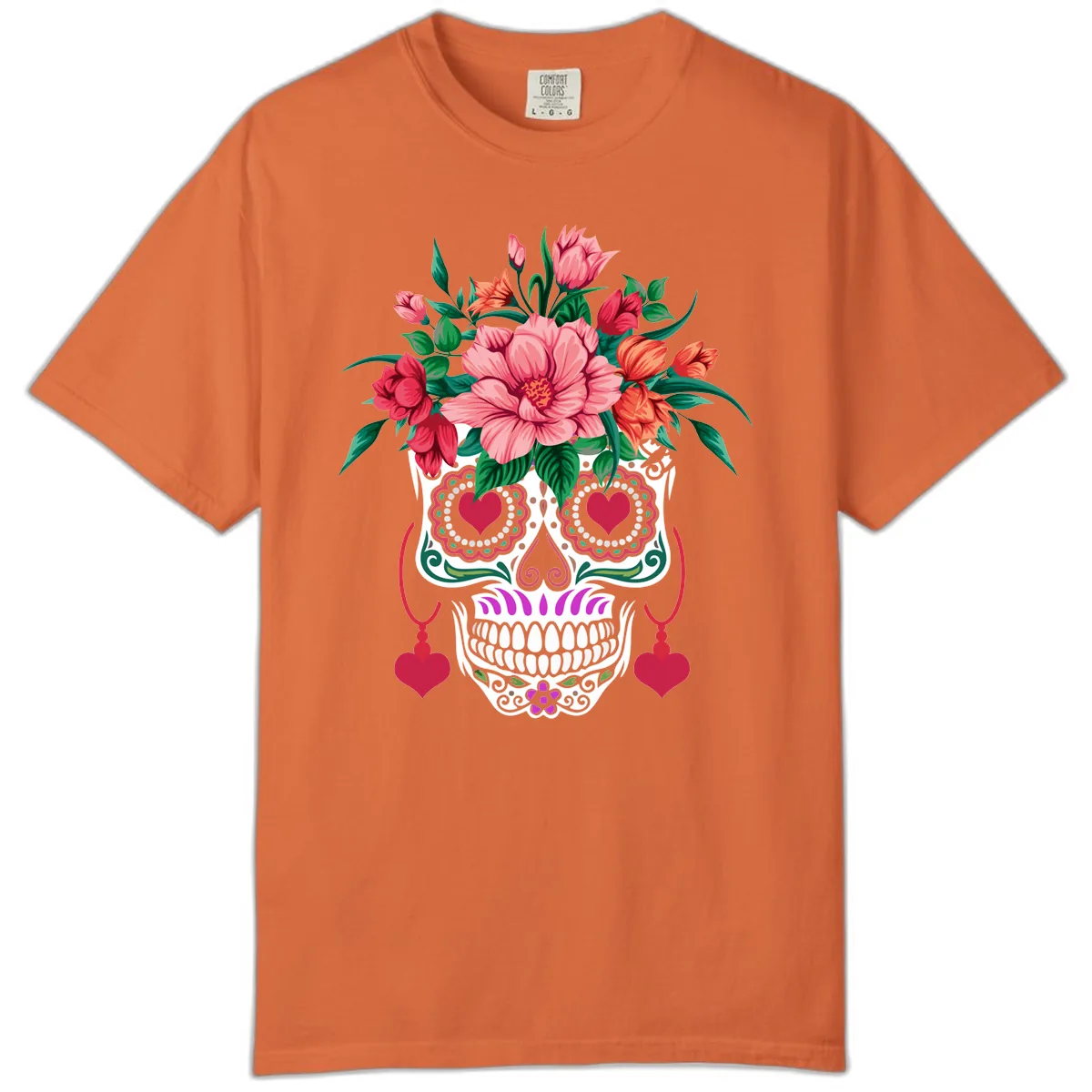 Floral Sugar Skull with Heart Eyes Comfort Color in Burnt Orange