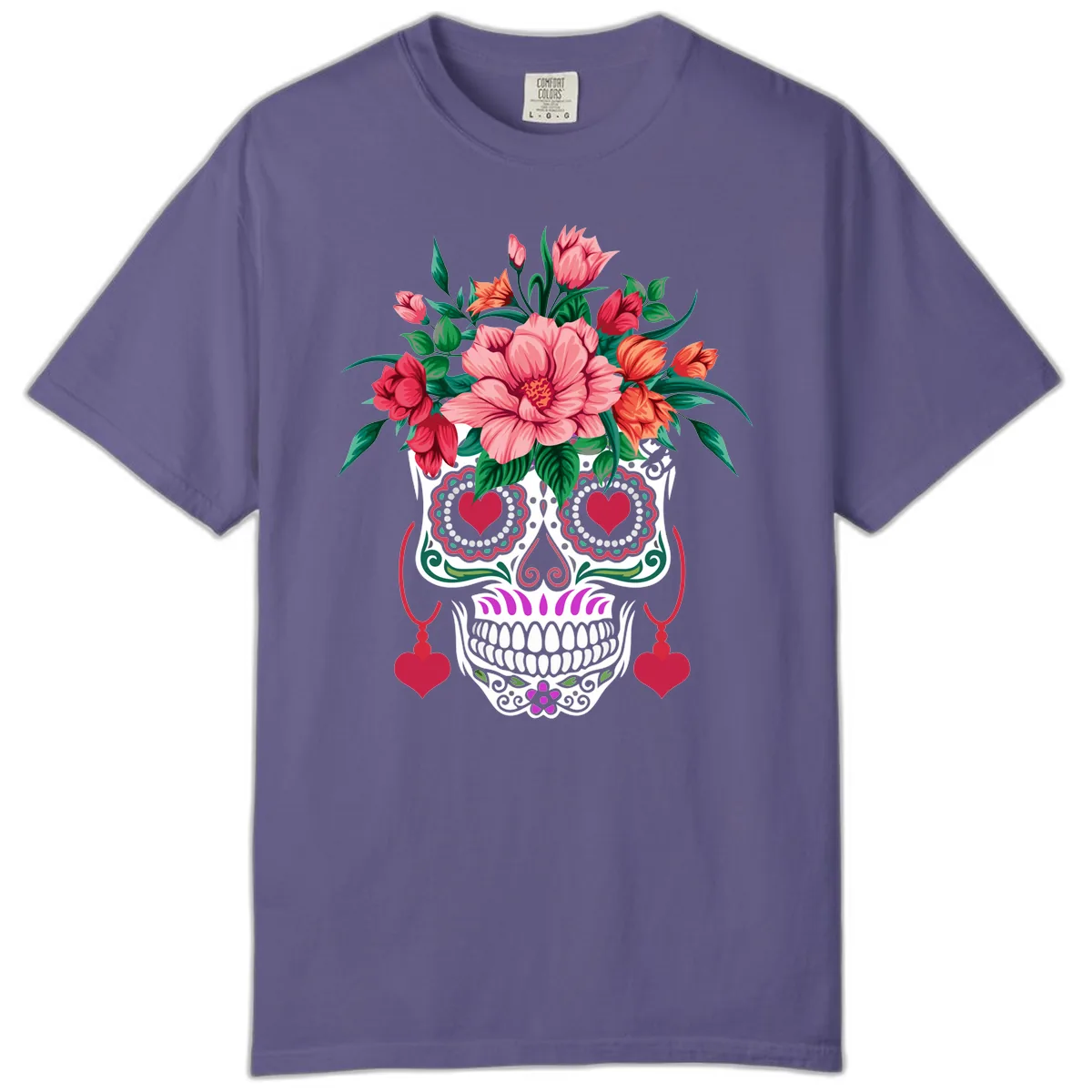 Floral Sugar Skull with Heart Eyes Comfort Color in Grape