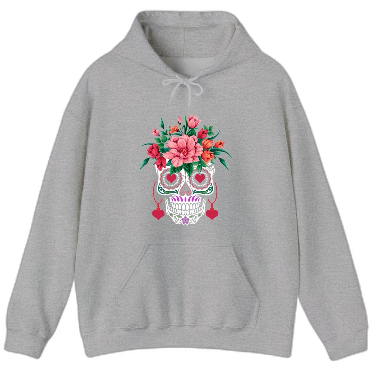 Floral Sugar Skull with Heart Eyes Hoodie in Sport Grey