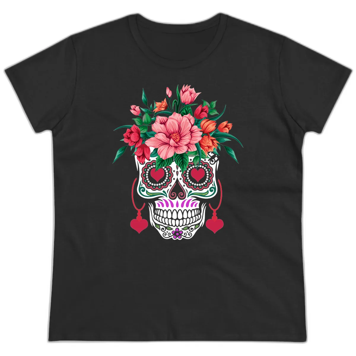 Floral Sugar Skull with Heart Eyes Ladies Tee in Black