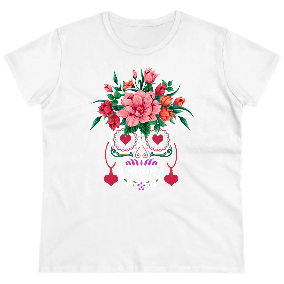 Floral Sugar Skull with Heart Eyes Ladies Tee in White