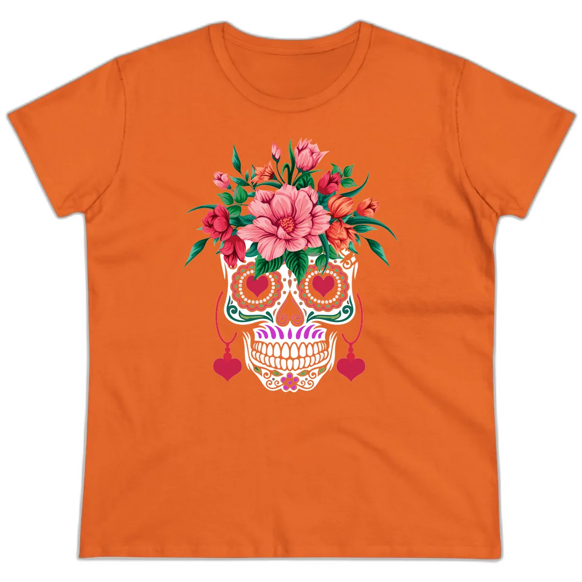 Floral Sugar Skull with Heart Eyes Ladies Tee in Orange