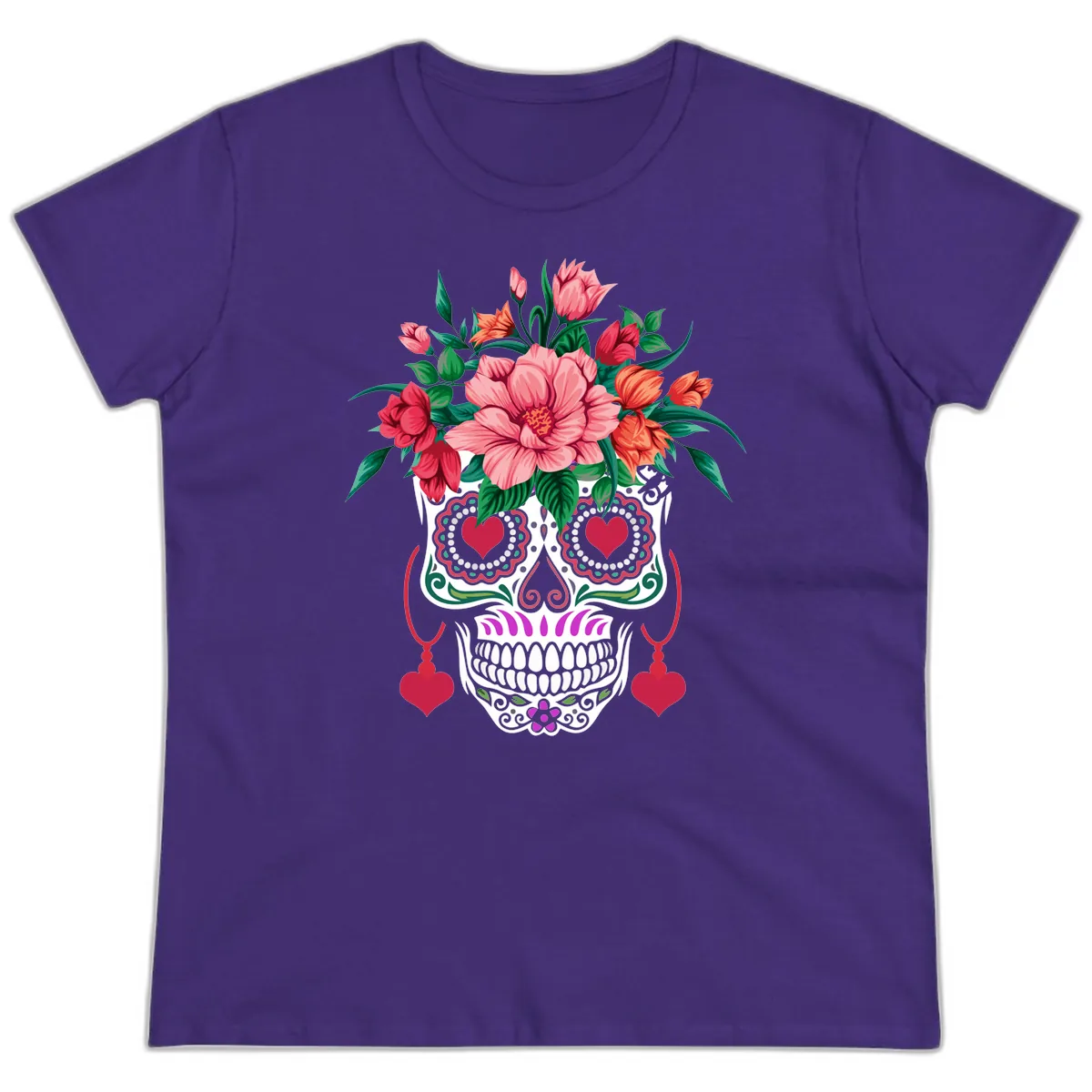Floral Sugar Skull with Heart Eyes Ladies Tee in Purple