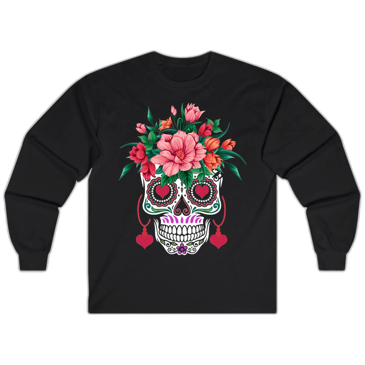 Floral Sugar Skull with Heart Eyes Long Sleeve in Black