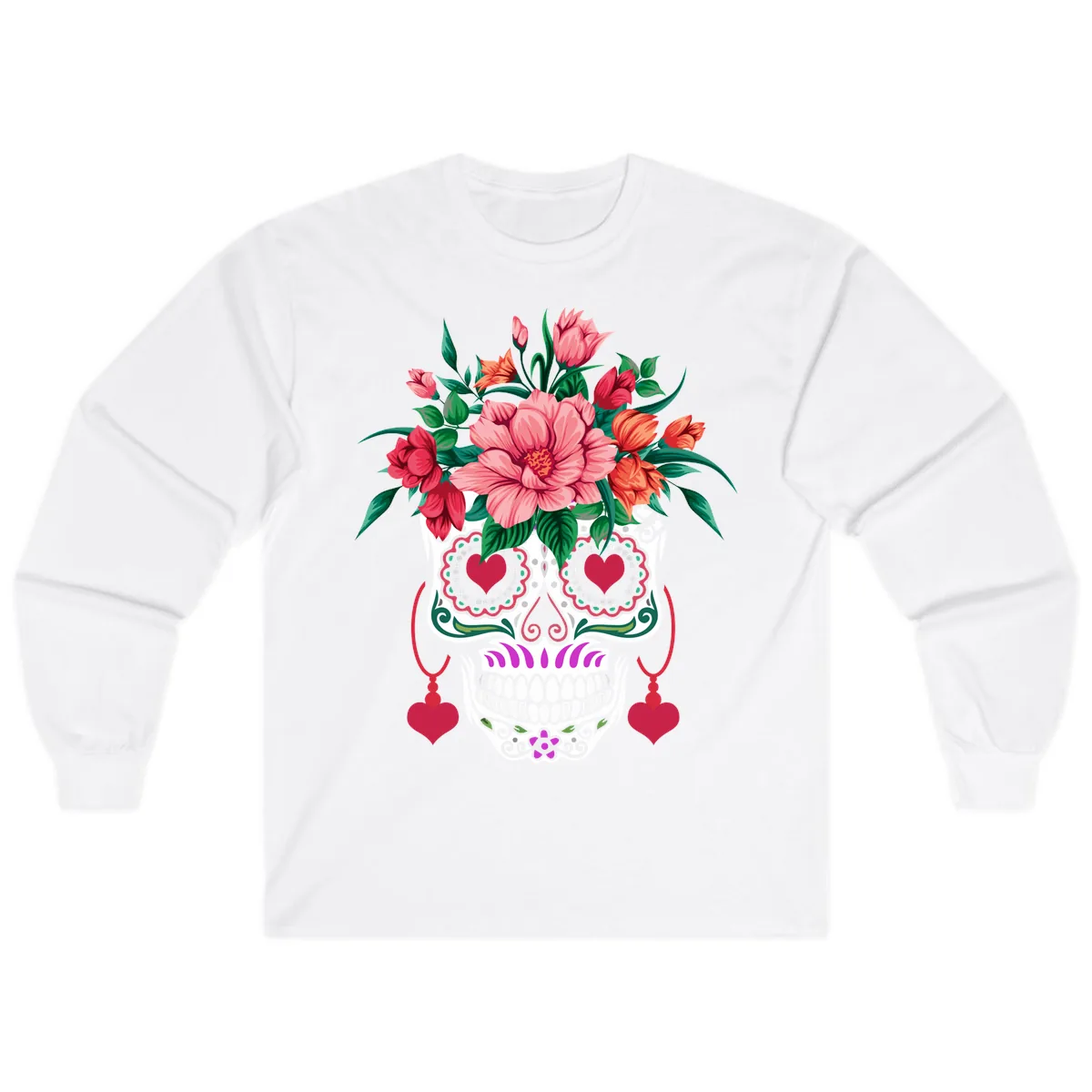Floral Sugar Skull with Heart Eyes Long Sleeve in White