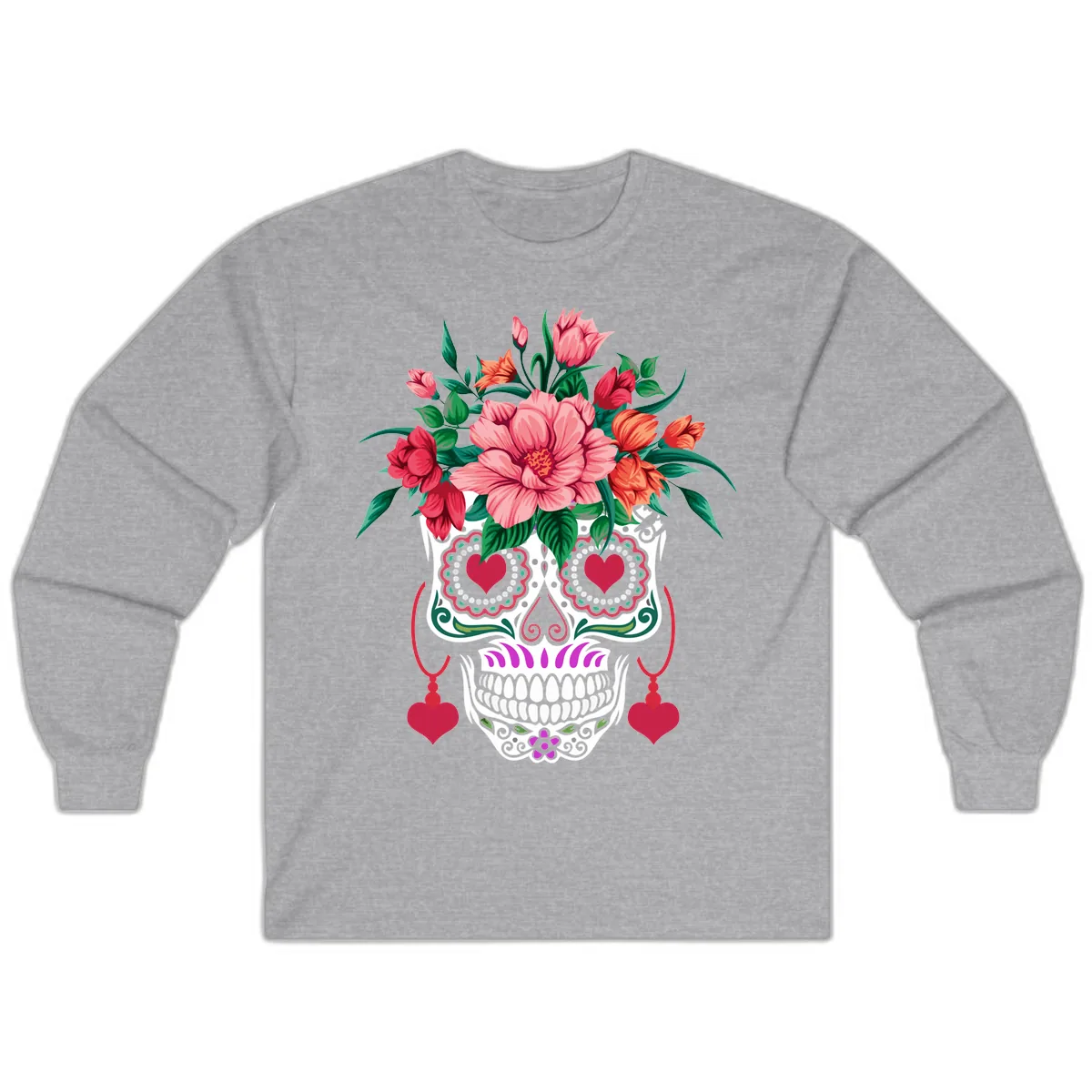 Floral Sugar Skull with Heart Eyes Long Sleeve in Sport Grey
