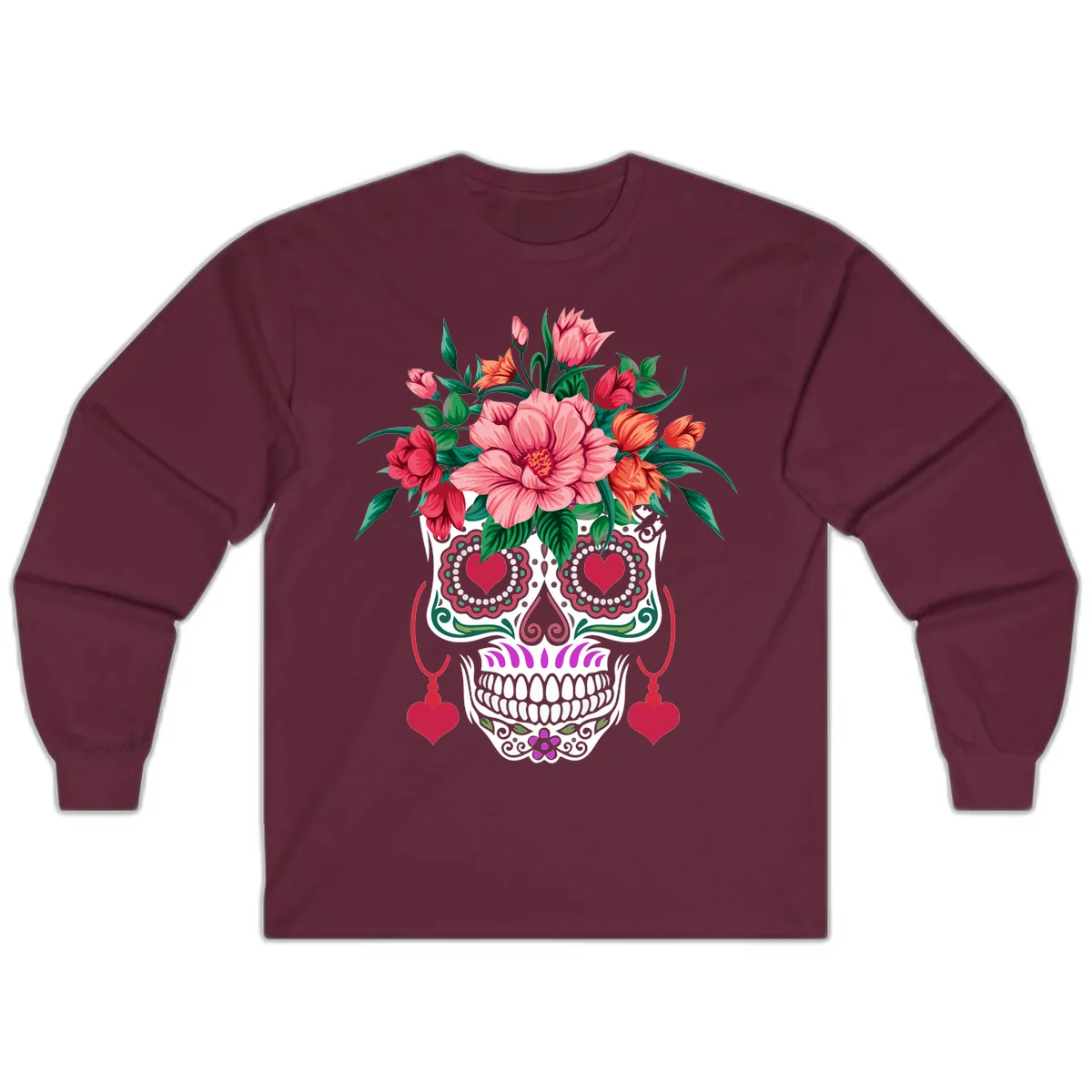 Floral Sugar Skull with Heart Eyes Long Sleeve in Maroon