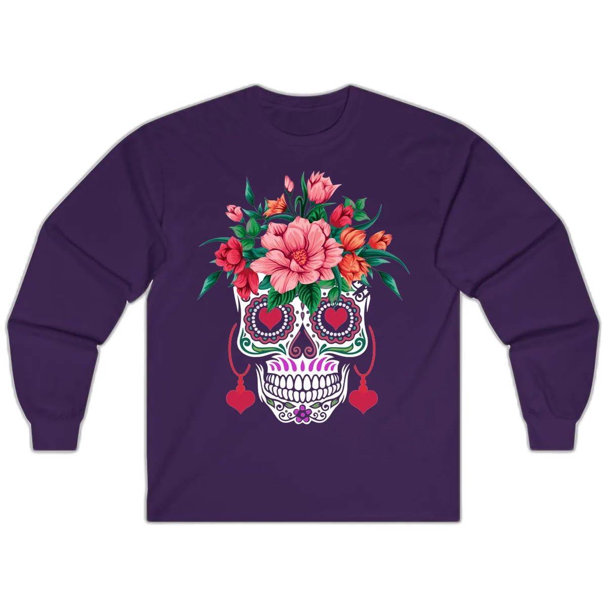 Floral Sugar Skull with Heart Eyes Long Sleeve in Purple