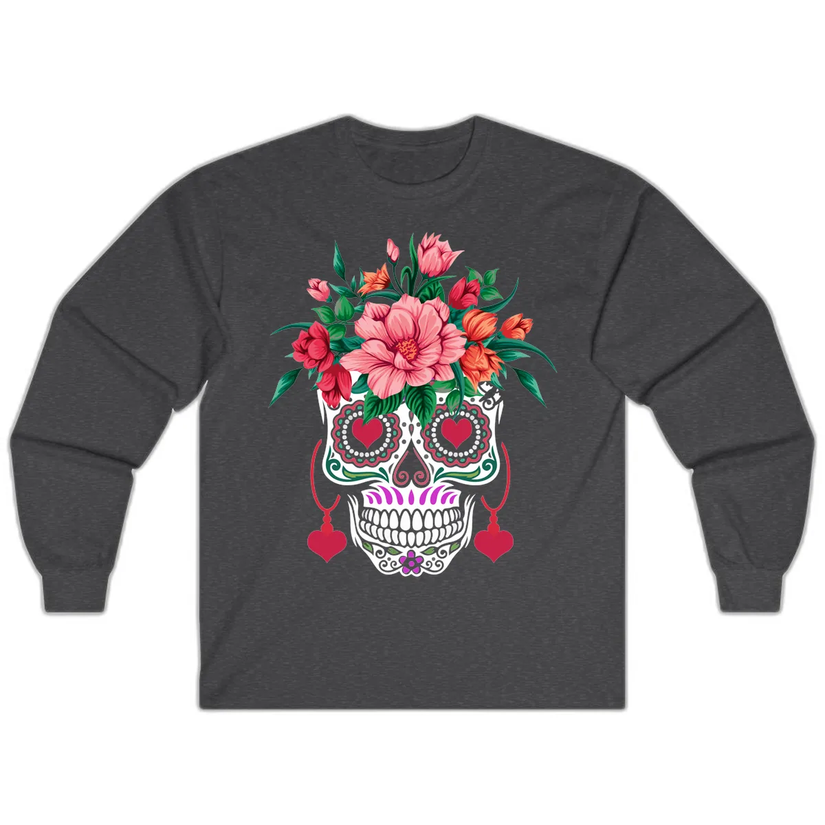 Floral Sugar Skull with Heart Eyes Long Sleeve in Dark Heather