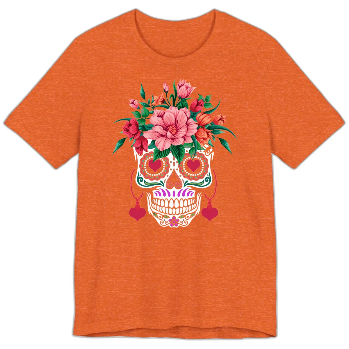 Floral Sugar Skull with Heart Eyes Premium T-Shirt in Heather Orange