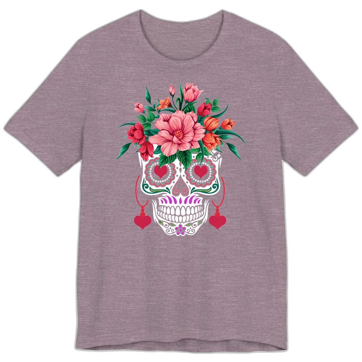 Floral Sugar Skull with Heart Eyes Premium T-Shirt in Heather Purple