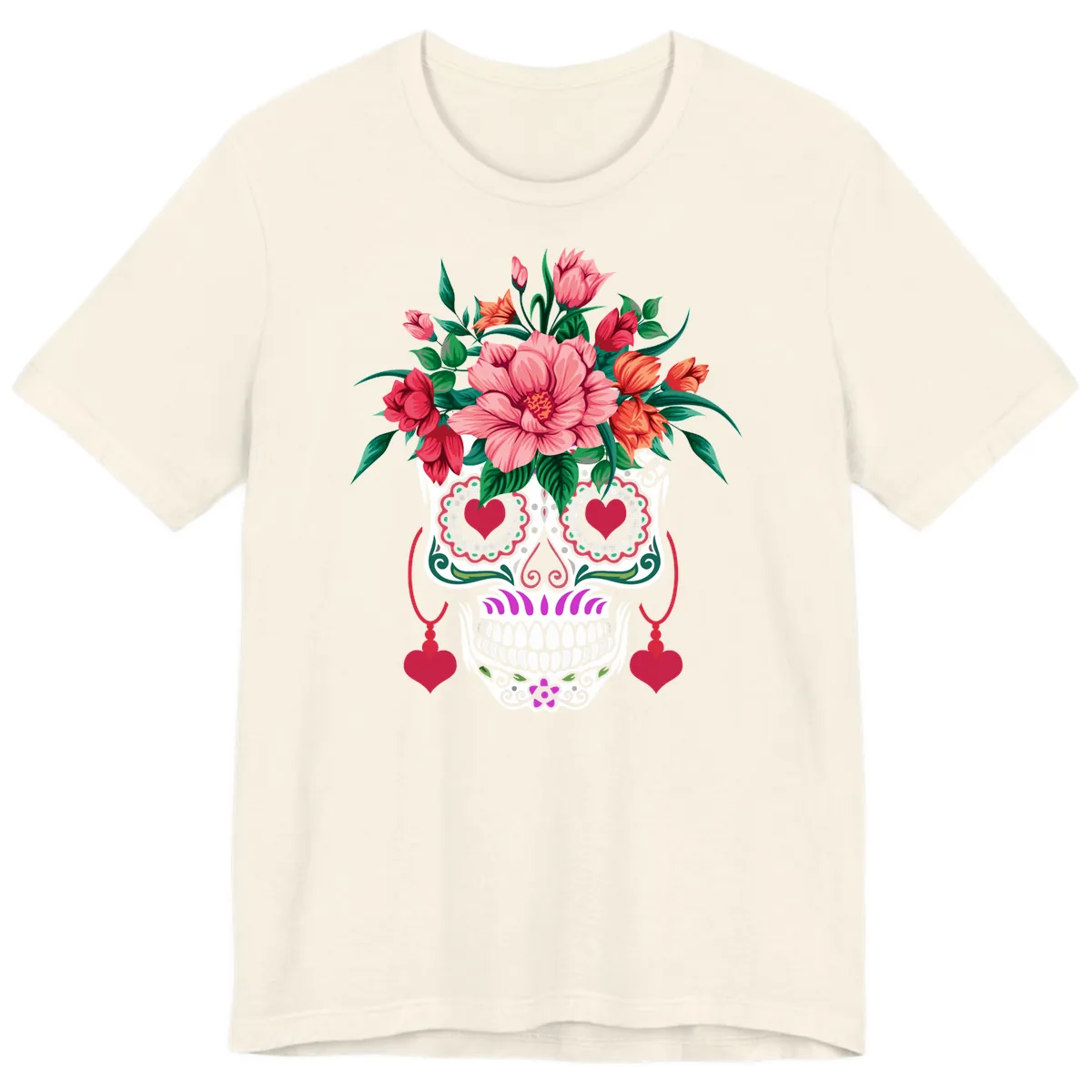 Floral Sugar Skull with Heart Eyes Premium T-Shirt in Natural