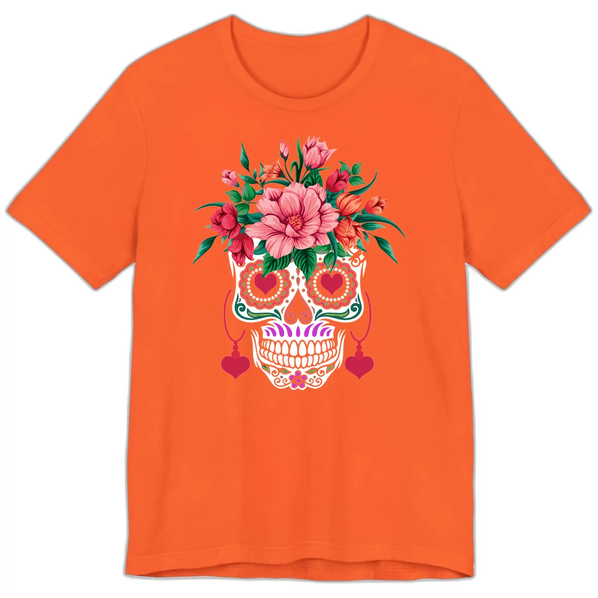 Floral Sugar Skull with Heart Eyes Premium T-Shirt in Orange