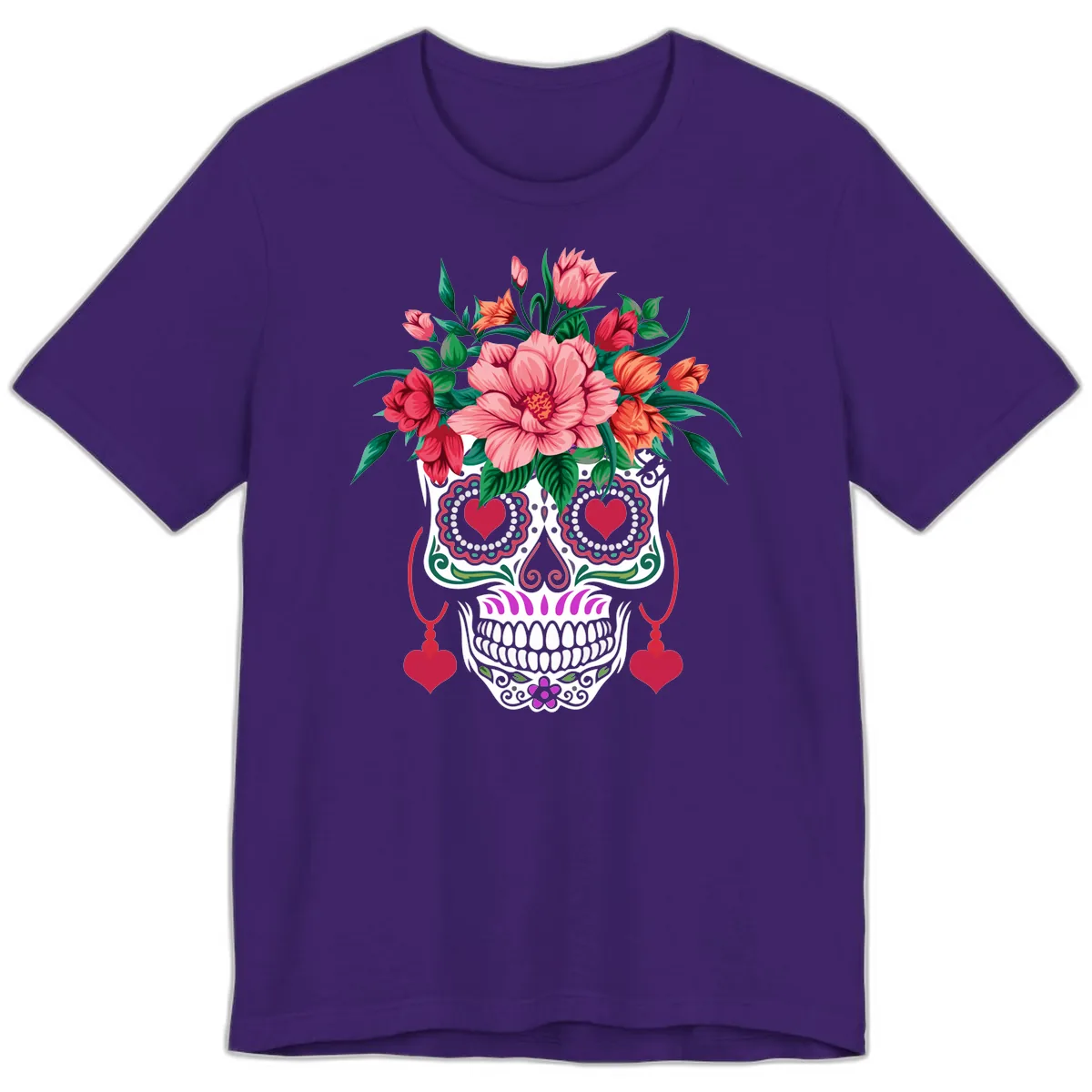 Floral Sugar Skull with Heart Eyes Premium T-Shirt in Team Purple