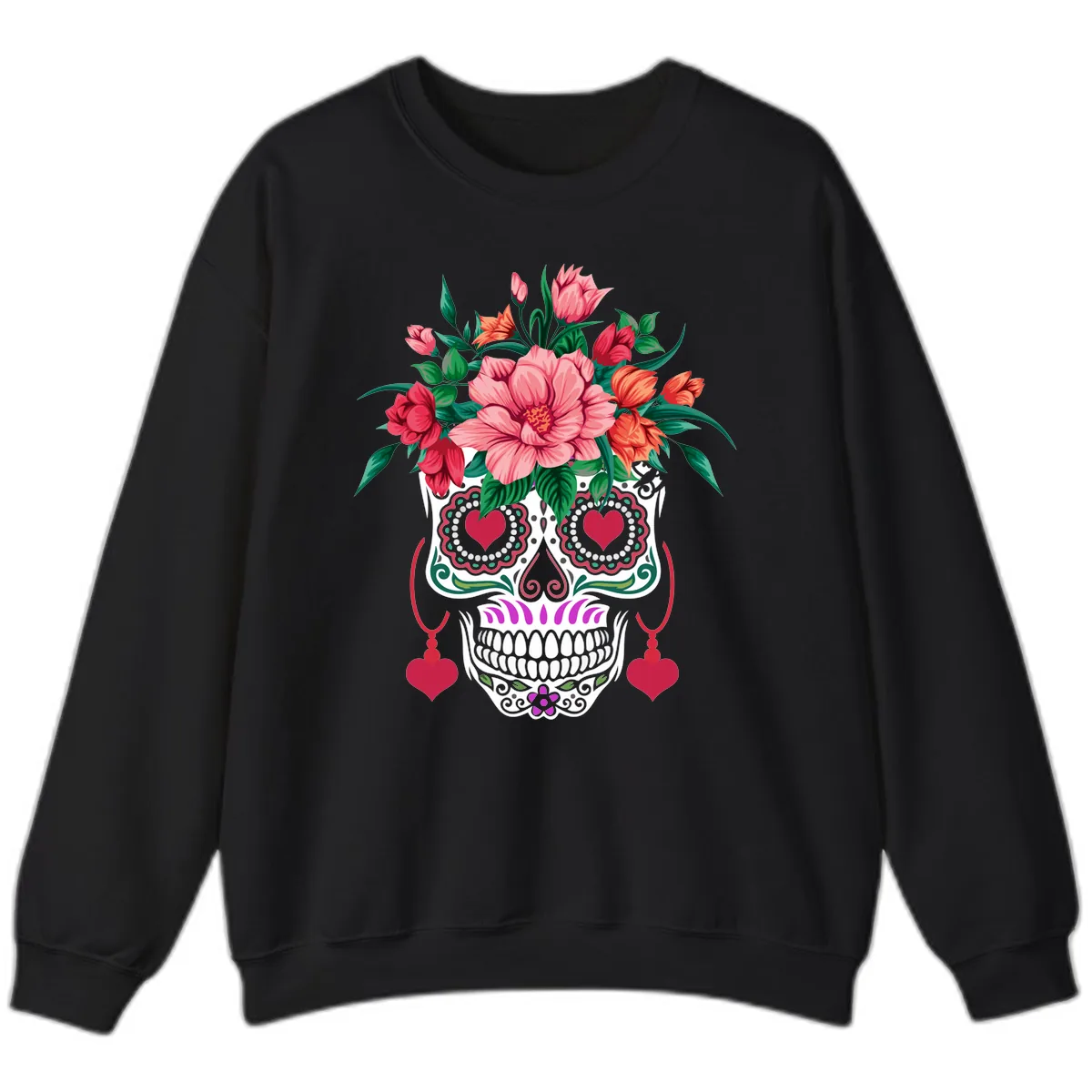 Floral Sugar Skull with Heart Eyes Sweatshirt in Black