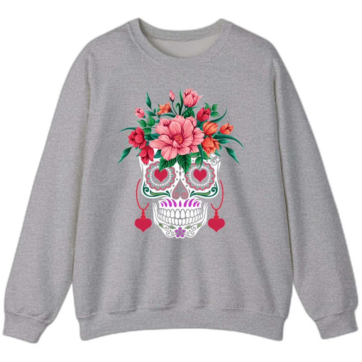 Floral Sugar Skull with Heart Eyes Sweatshirt in Sport Grey