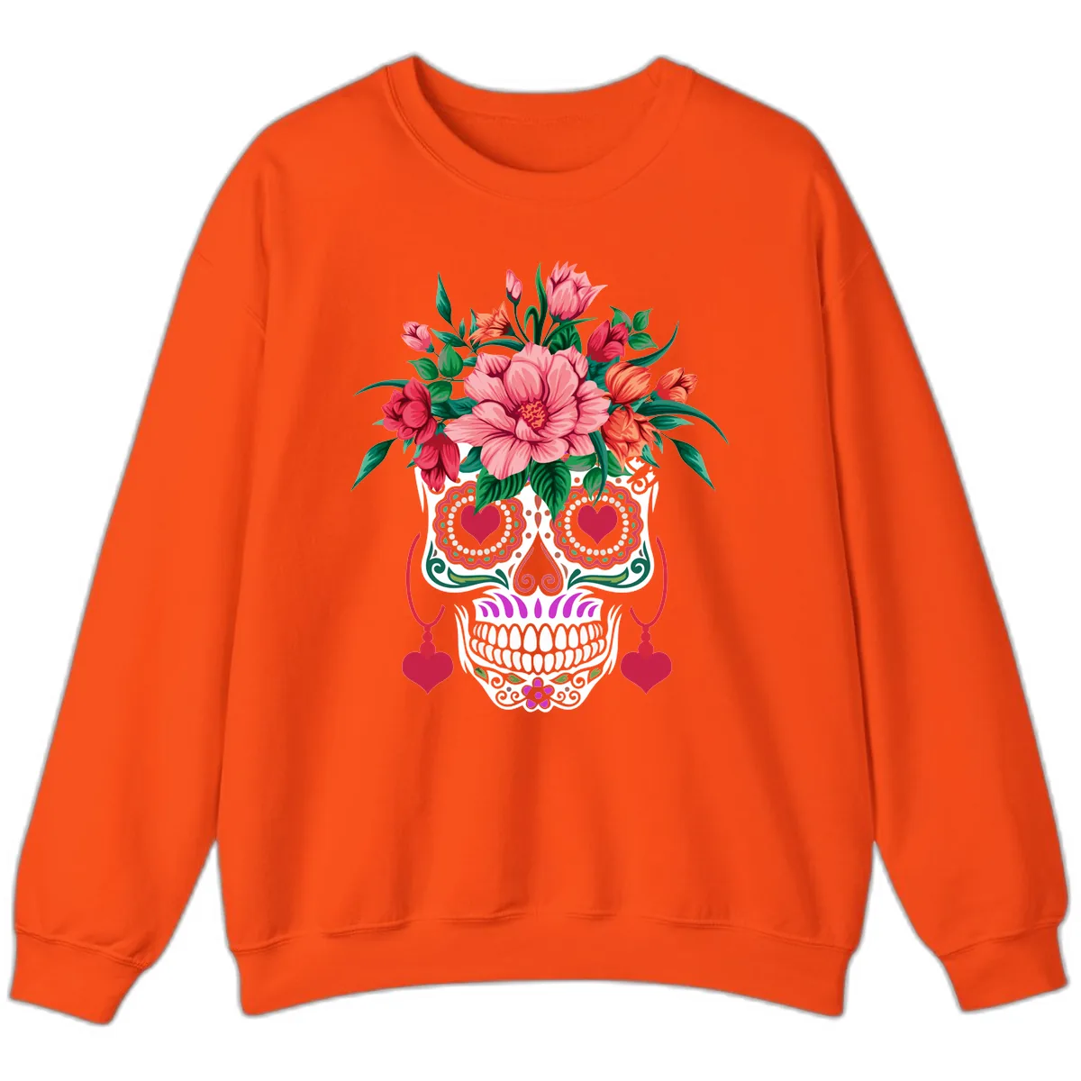 Floral Sugar Skull with Heart Eyes Sweatshirt in Orange