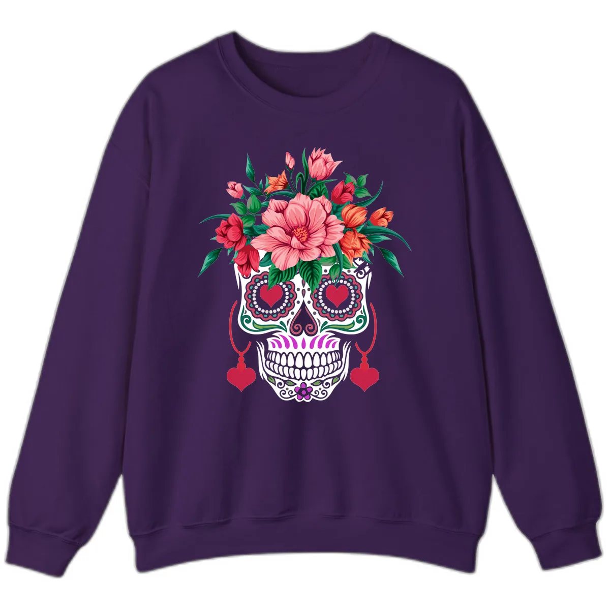 Floral Sugar Skull with Heart Eyes Sweatshirt in Purple