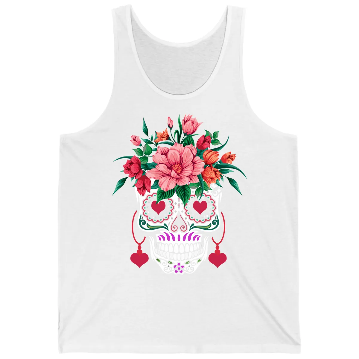 Floral Sugar Skull with Heart Eyes Tank in White