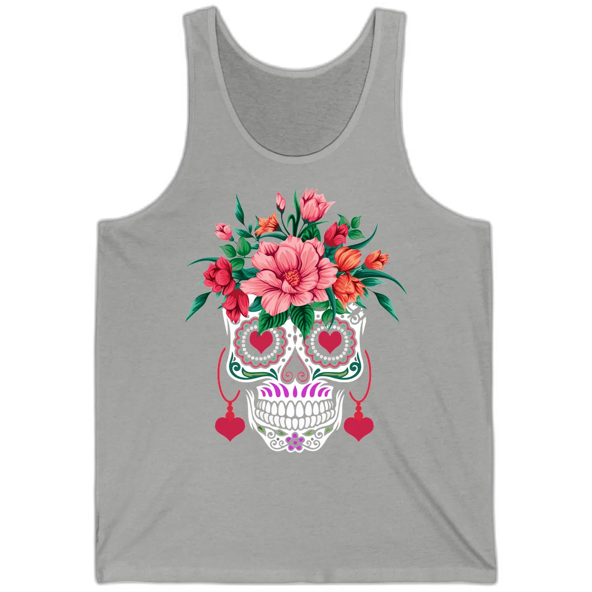 Floral Sugar Skull with Heart Eyes Tank in Athletic Heather
