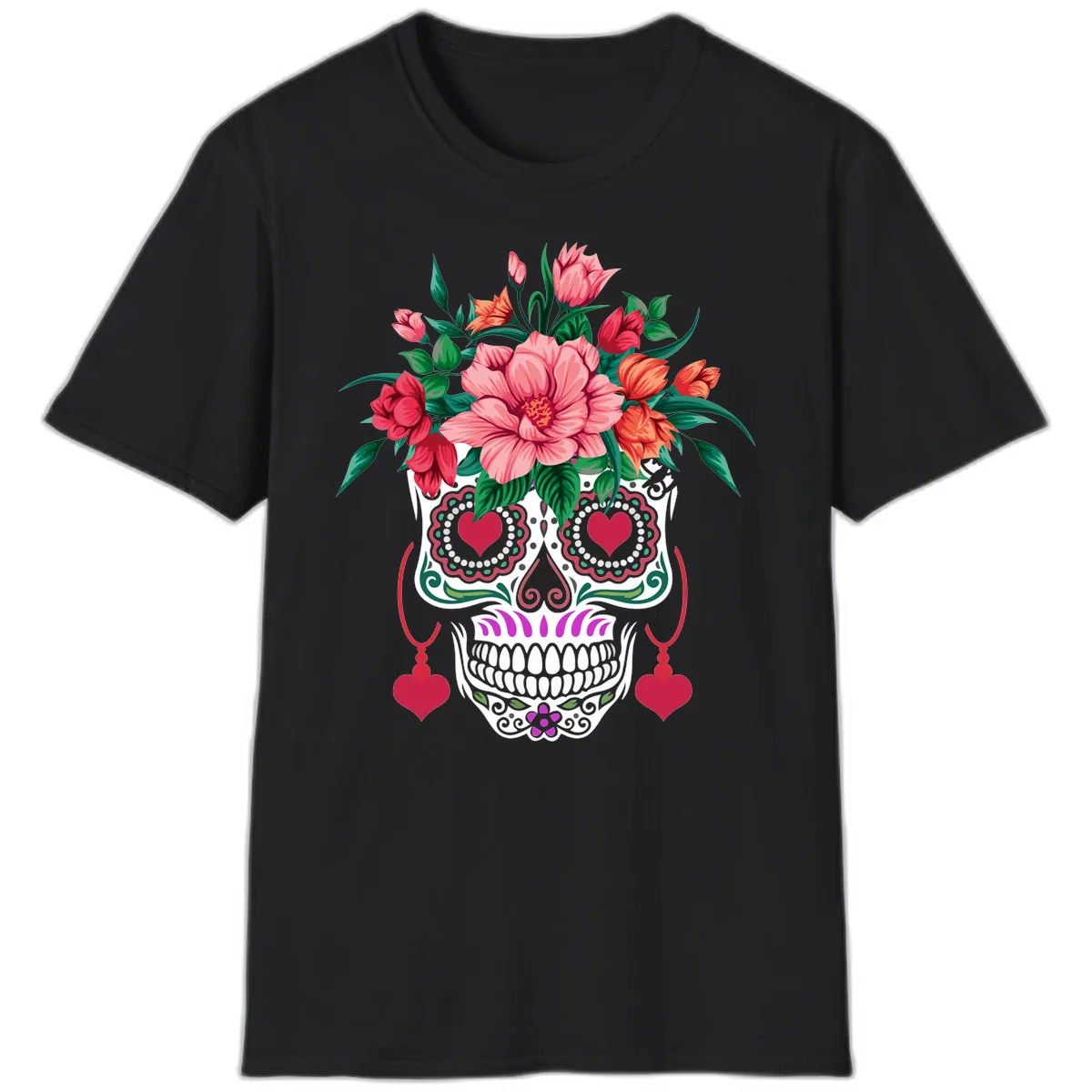 Floral Sugar Skull with Heart Eyes T-Shirt in Black