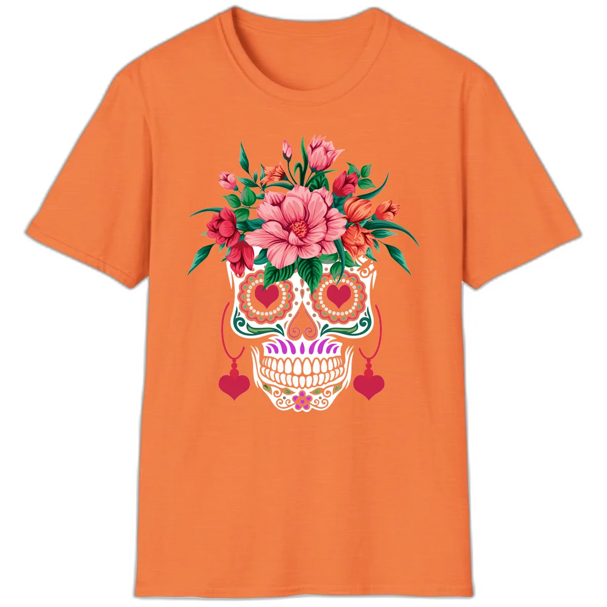 Floral Sugar Skull with Heart Eyes T-Shirt in Heather Orange
