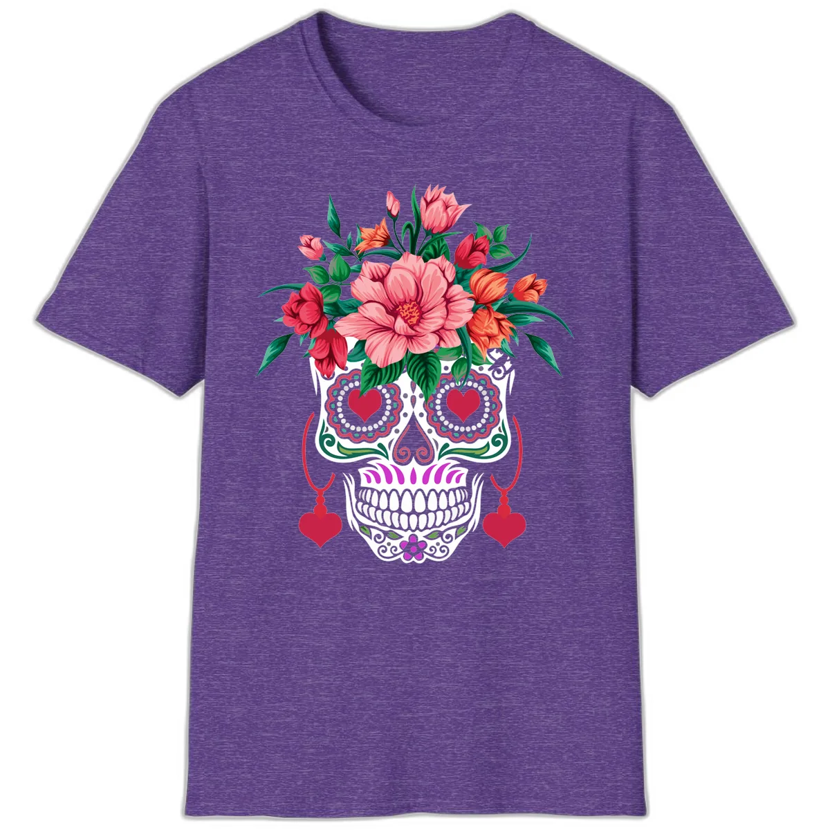 Floral Sugar Skull with Heart Eyes T-Shirt in Heather Purple