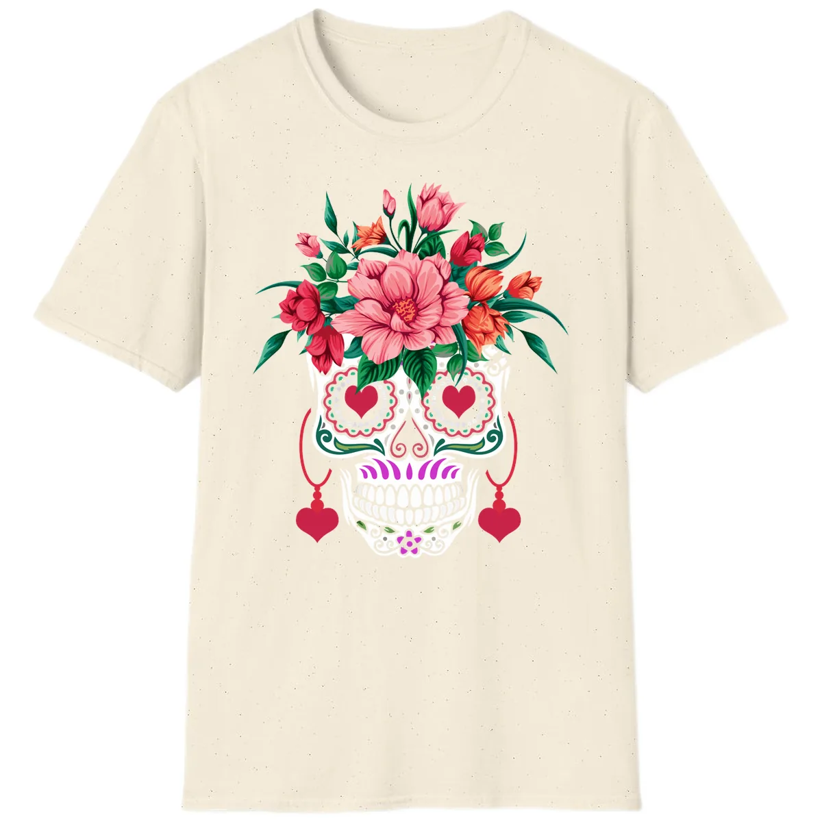 Floral Sugar Skull with Heart Eyes T-Shirt in Natural