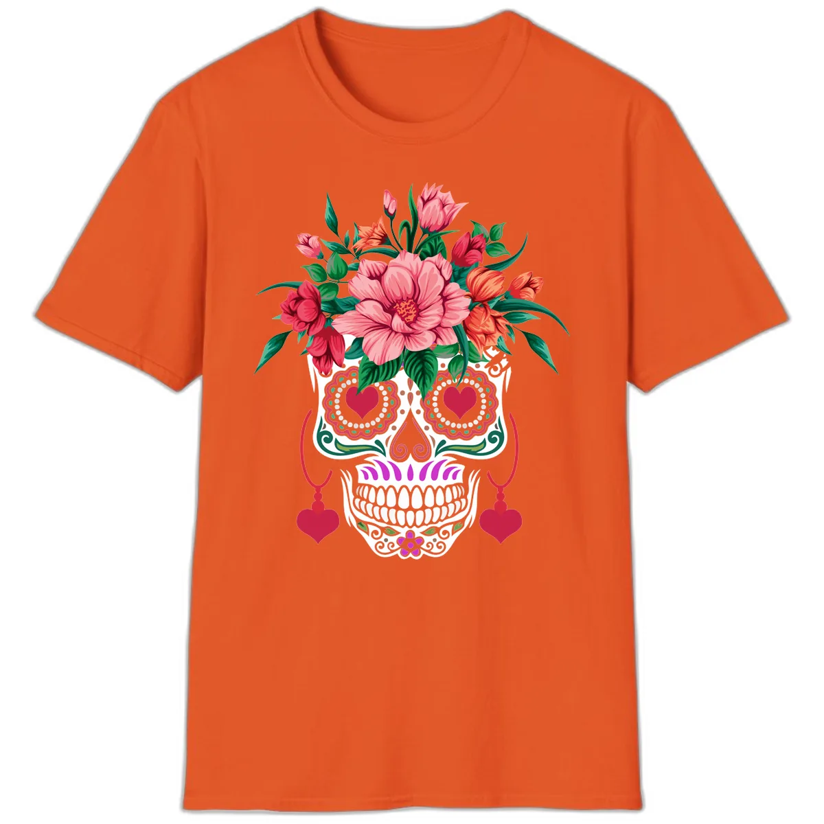 Floral Sugar Skull with Heart Eyes T-Shirt in Orange