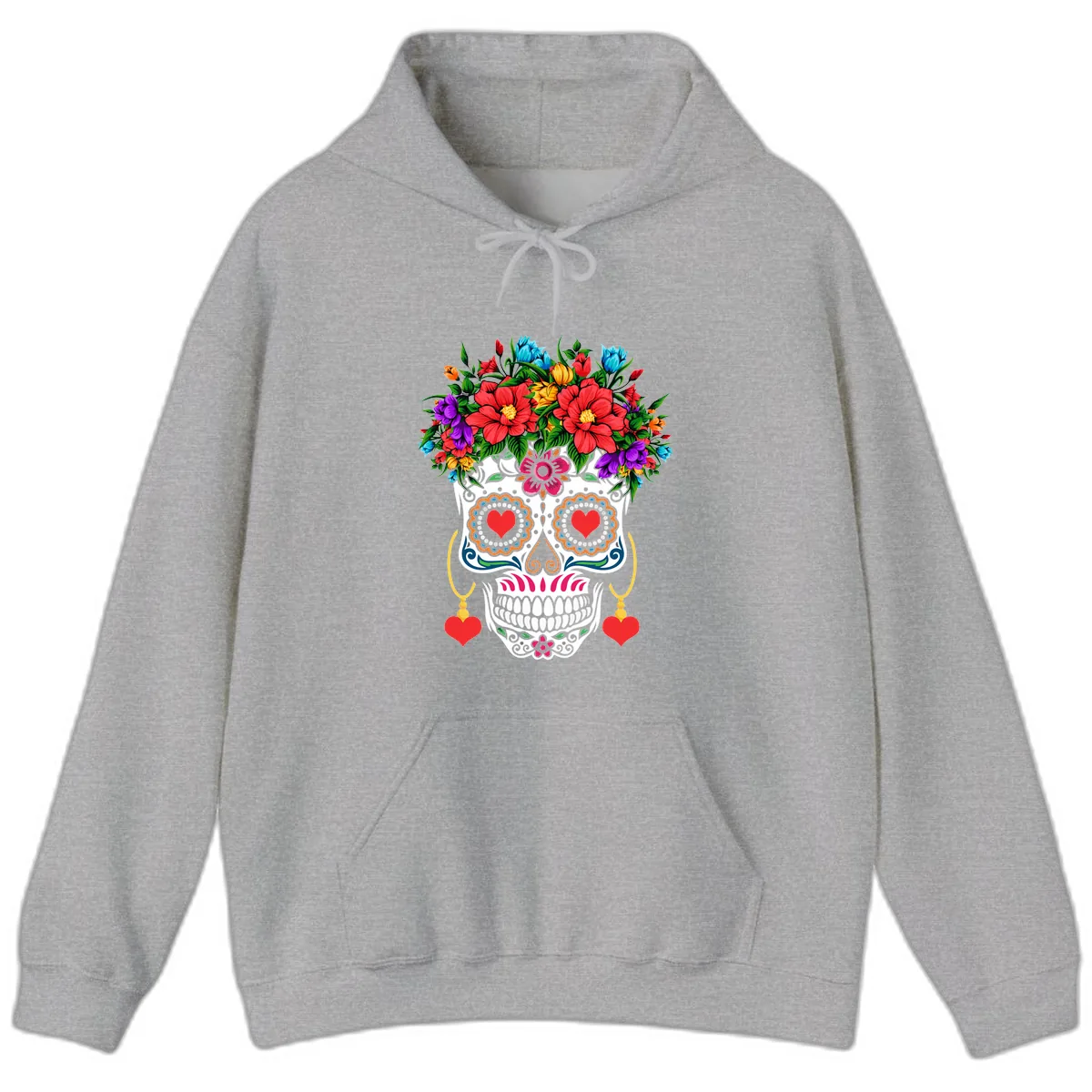 Floral Crown Calavera Sugar Skull Hoodie in Sport Grey