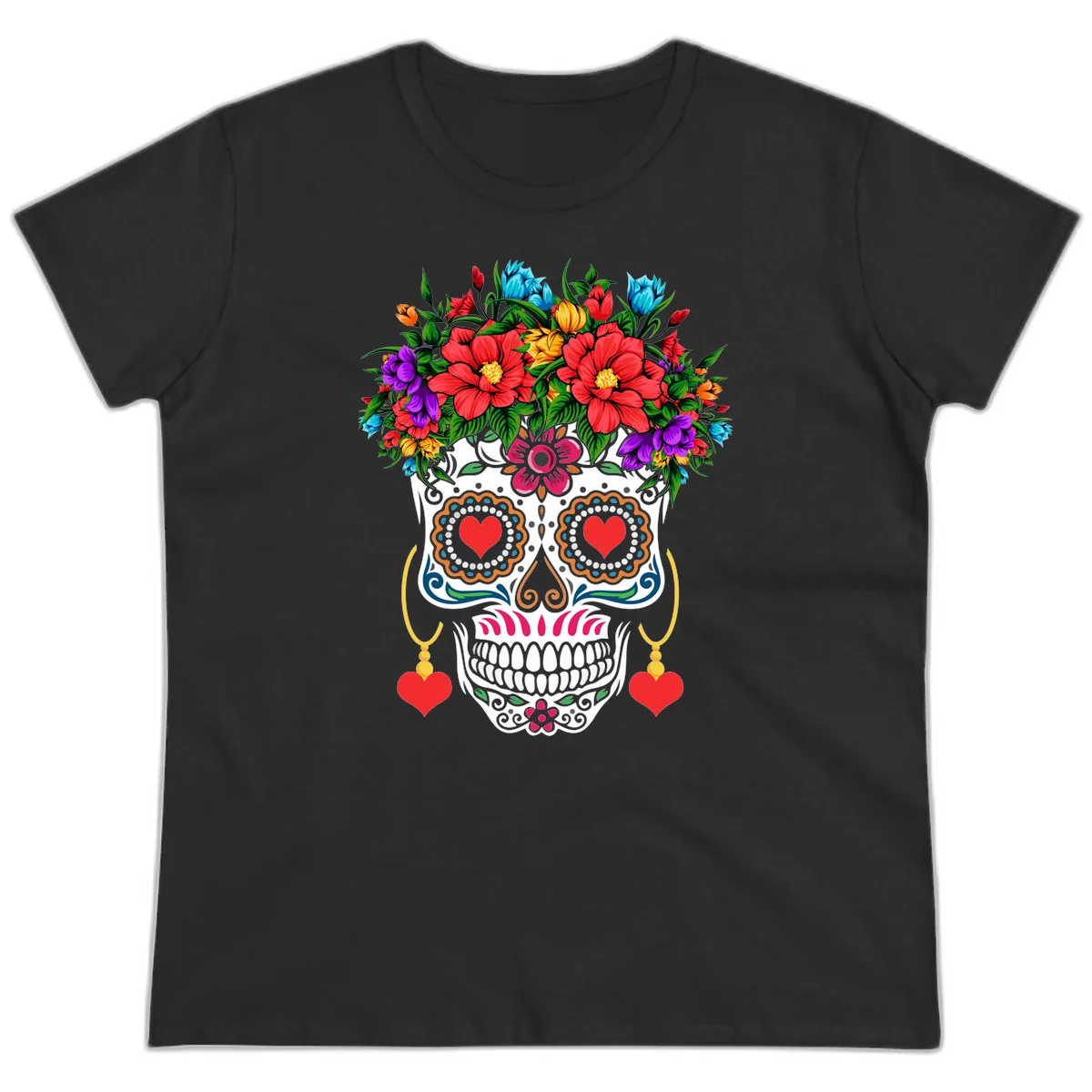 Floral Crown Calavera Sugar Skull Ladies Tee in Black